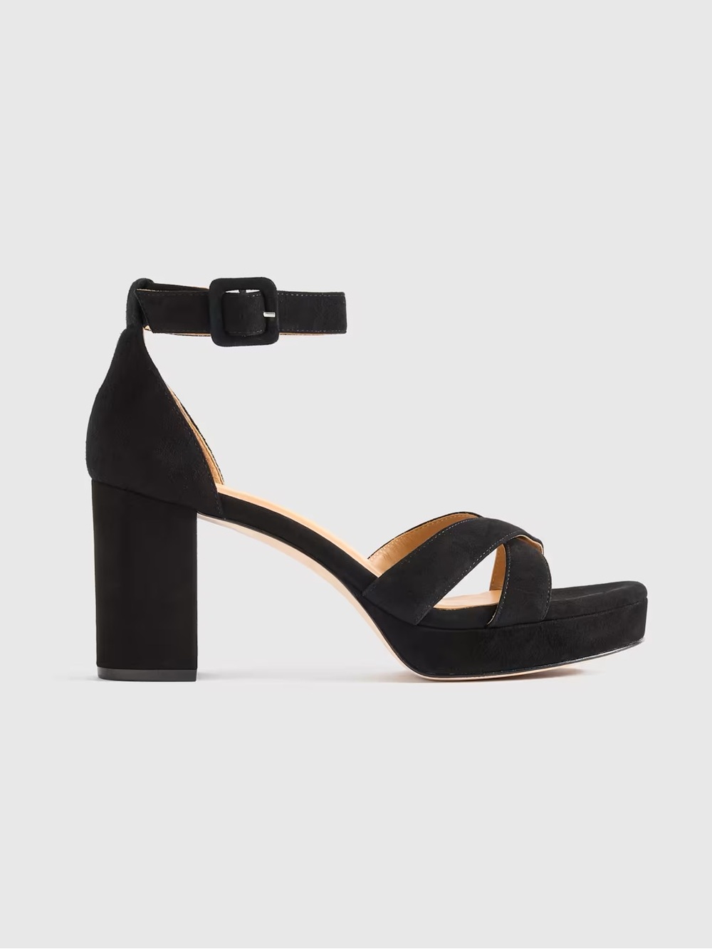 NWT Quince Italian Leather Crisscross Platform Sandals Black Suede Heels Sz 7 - Picture 3 of 6